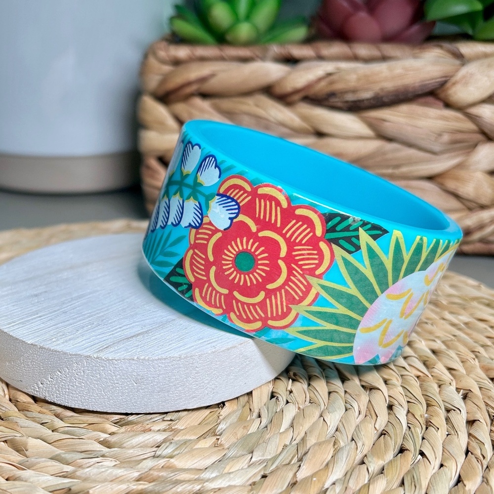 Vintage Tropical Beauty wide acrylic bangle bracelet.